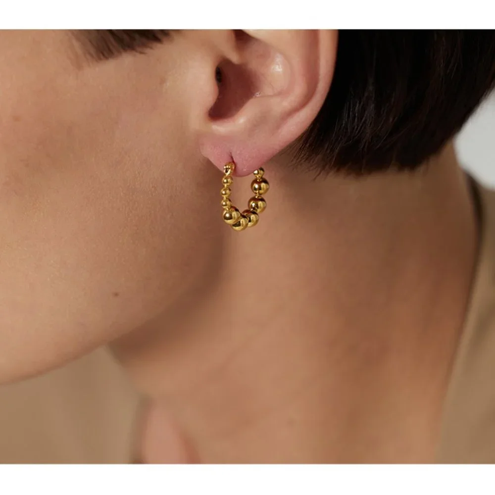 ^NEW 18K Gold Plated Bead Round Hoop Earrings
